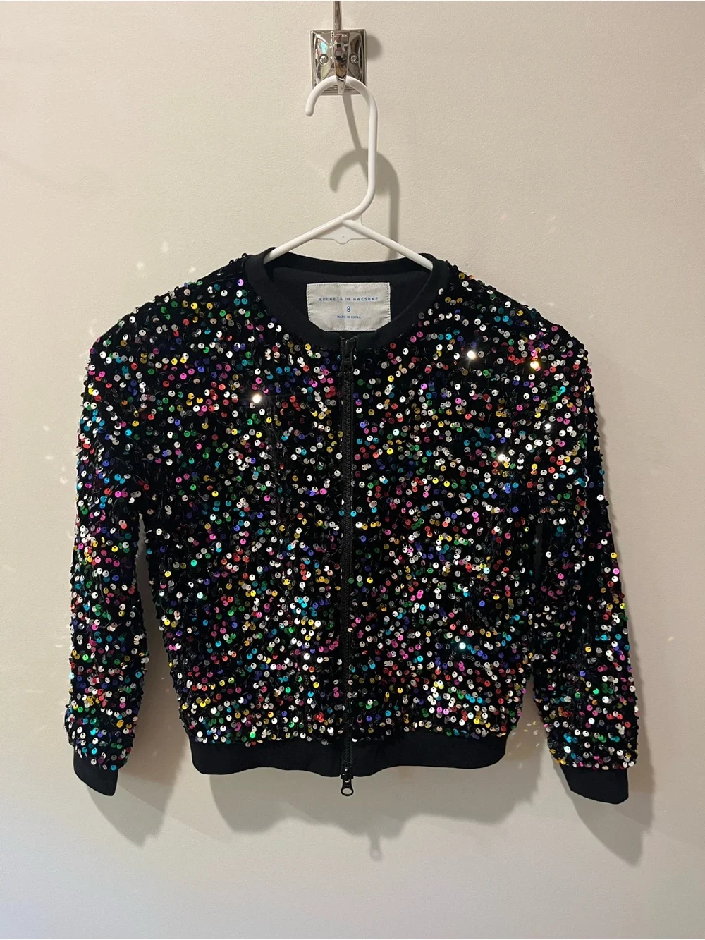 Girls' Black Multicolor Sequin Bomber Jacket - Sparkle Detail